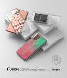 Galaxy Note 20 Case | Fusion Design - Three clear phone cases with graphic designs displayed on white geometric blocks.