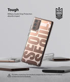 Galaxy Note 20 Case | Fusion Design - Clear phone case with Seoul typography over a bronze Galaxy Note 20.
