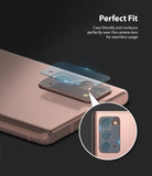 Galaxy Note 20 Camera Protector | Invisible Defender Glass - Galaxy Note 20 Camera Protector - Glass lens cover hovering above a bronze smartphone camera module with a zoomed inset.