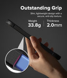 Google Pixel 10a Case | Onyx - Hand holding a slim black phone case with textured grip, highlighting 33.8g weight and 2mm thickness.