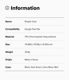 Google Pixel 10a Case | Onyx - Information table listing specifications for the Ringke Onyx case for Google Pixel 10a.