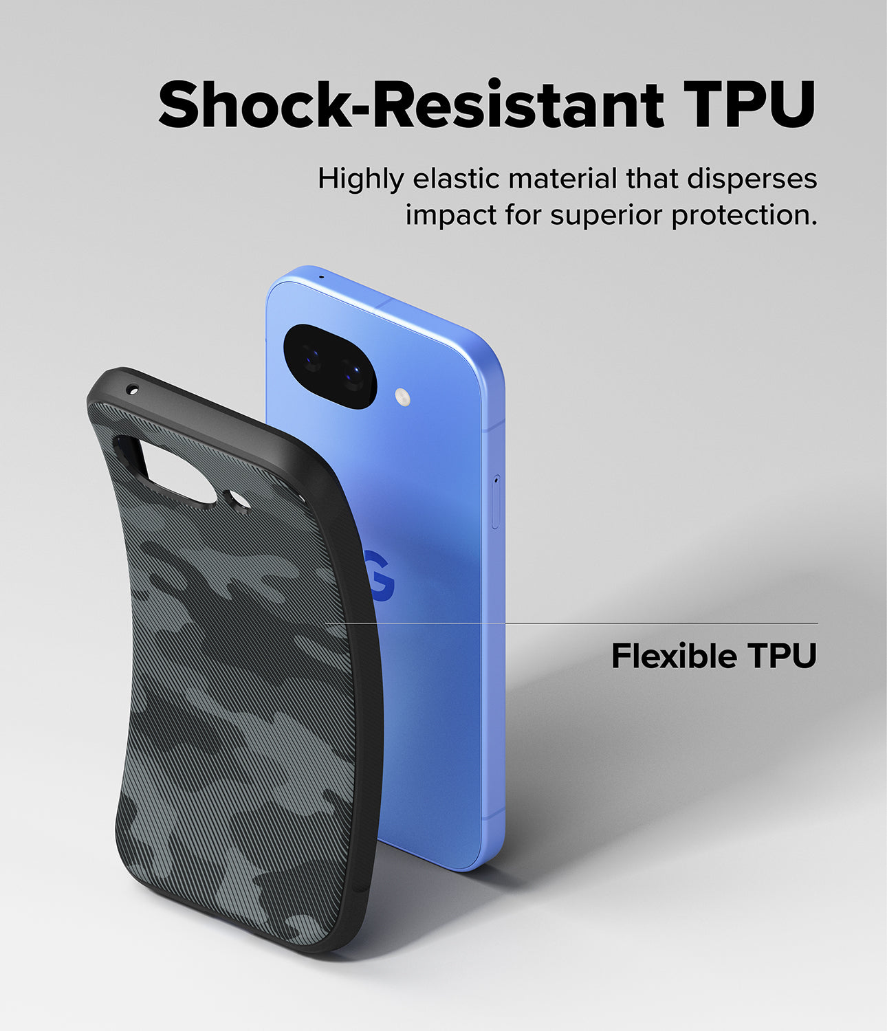 Google Pixel 10a Case | Onyx - A flexible, camo-patterned Onyx TPU case being placed onto a blue Google Pixel 10a smartphone.