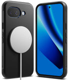 Google Pixel 10a Case | Onyx Magnetic - Black textured case with a white magnetic charger attached to the back.
