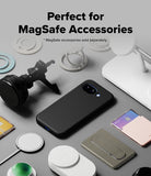Google Pixel 10a Case | Onyx Magnetic - Black phone case surrounded by various MagSafe chargers, wallets, and rings.