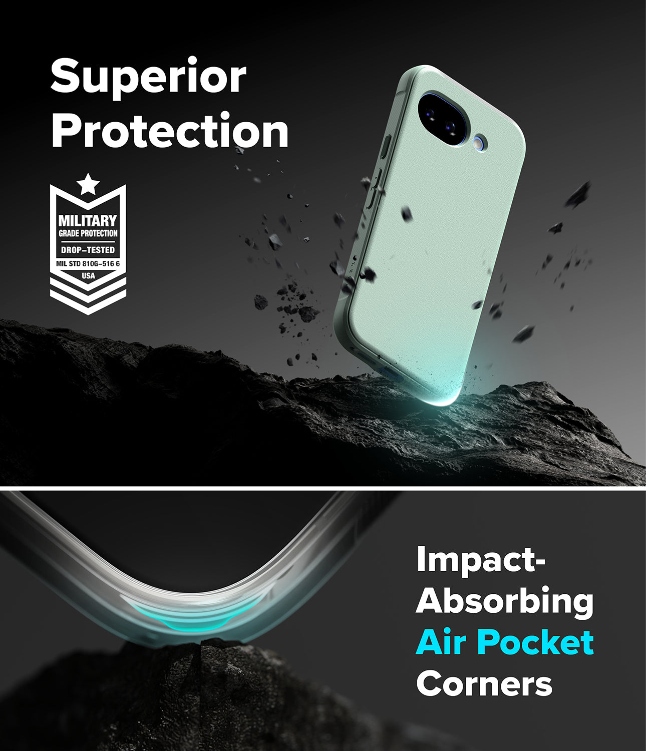 [Bundle] Google Pixel 10a Case | Onyx - Google Pixel 10a Case | Onyx - Mint green phone case floating above rocky terrain with military-grade protection badge.