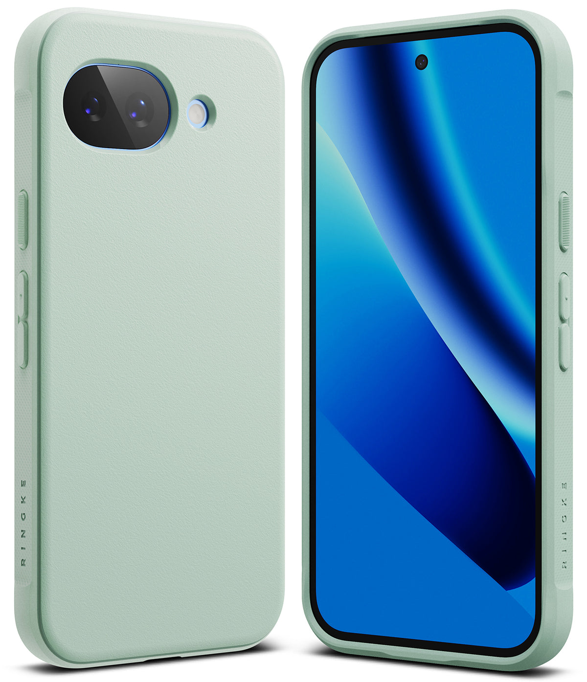 Google Pixel 10a Case | Onyx - Light green phone case shown from back and front with a blue screen display.