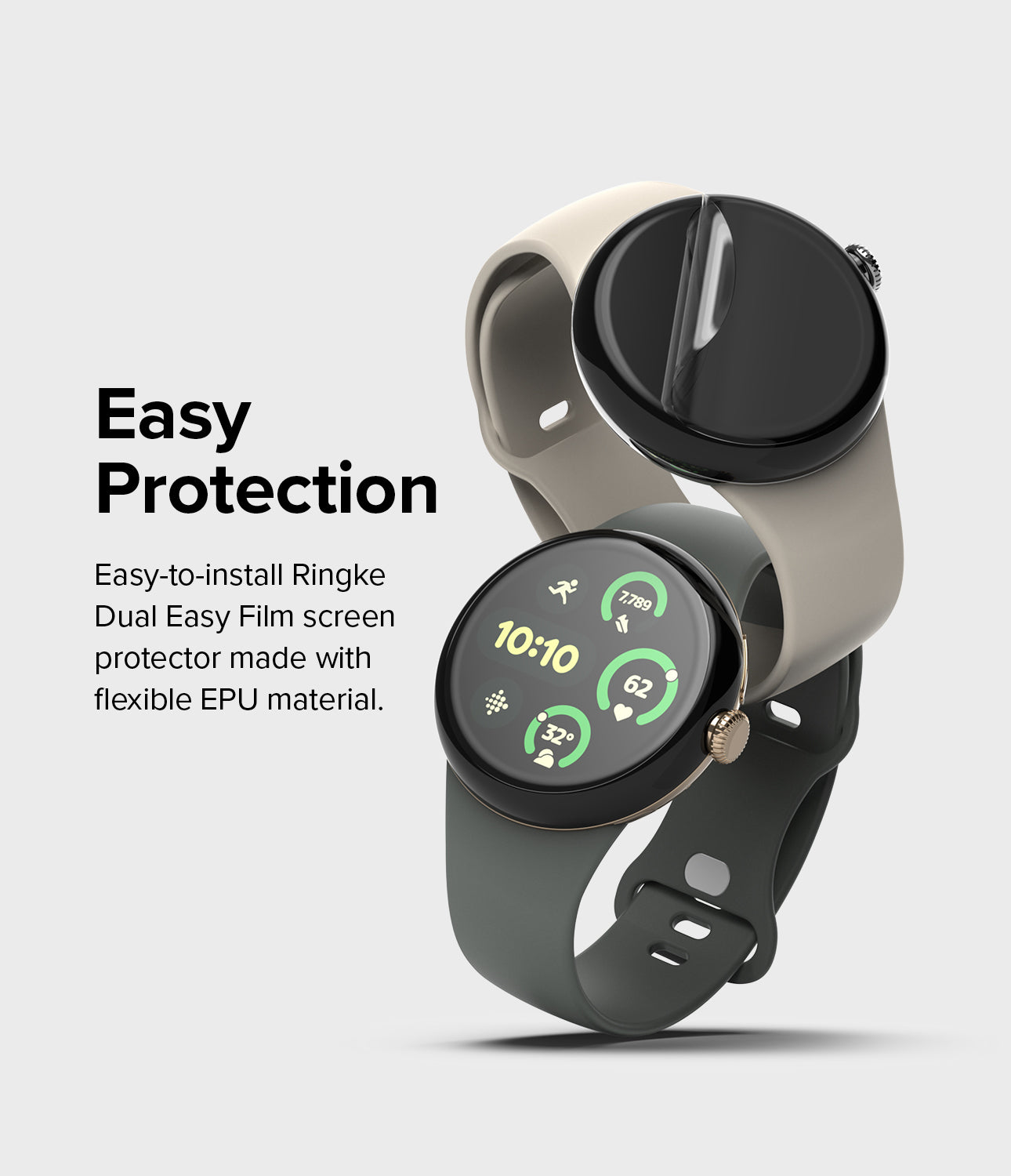 Google Pixel Watch 3 45mm Screen Protector | Dual Easy Film (3P) - Google Pixel Watch 3 45mm Screen Protector - Two smartwatches stacked with a clear film being applied to the top screen.