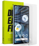 Google Pixel 7a Screen Protector | Dual Easy Film [2P] - Google Pixel 7a Screen Protector - Two transparent screen films peeling off a Pixel 7a phone in front of a lime green box.