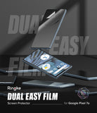 Google Pixel 7a Screen Protector | Dual Easy Film [2P] - Floating Pixel 7a phones with a screen protector being applied.