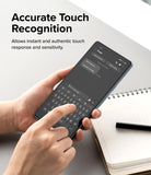 Google Pixel 7a Screen Protector | Dual Easy Film [2P] - Google Pixel 7a Screen Protector - Hands typing on a smartphone screen to demonstrate accurate touch sensitivity.