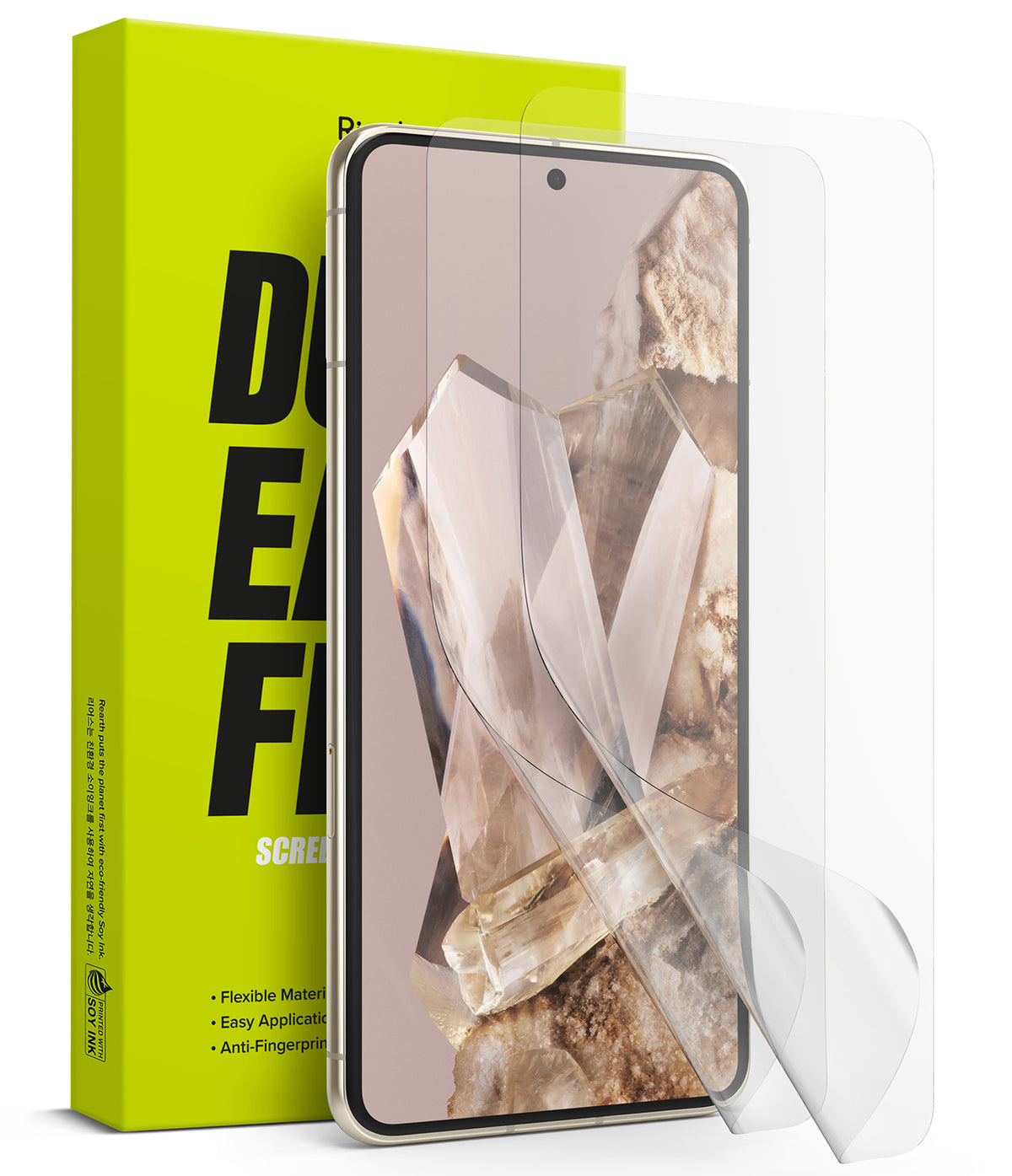 Google Pixel 8 Pro Screen Protector | Dual Easy Film - A clear screen protector film being applied to a smartphone.