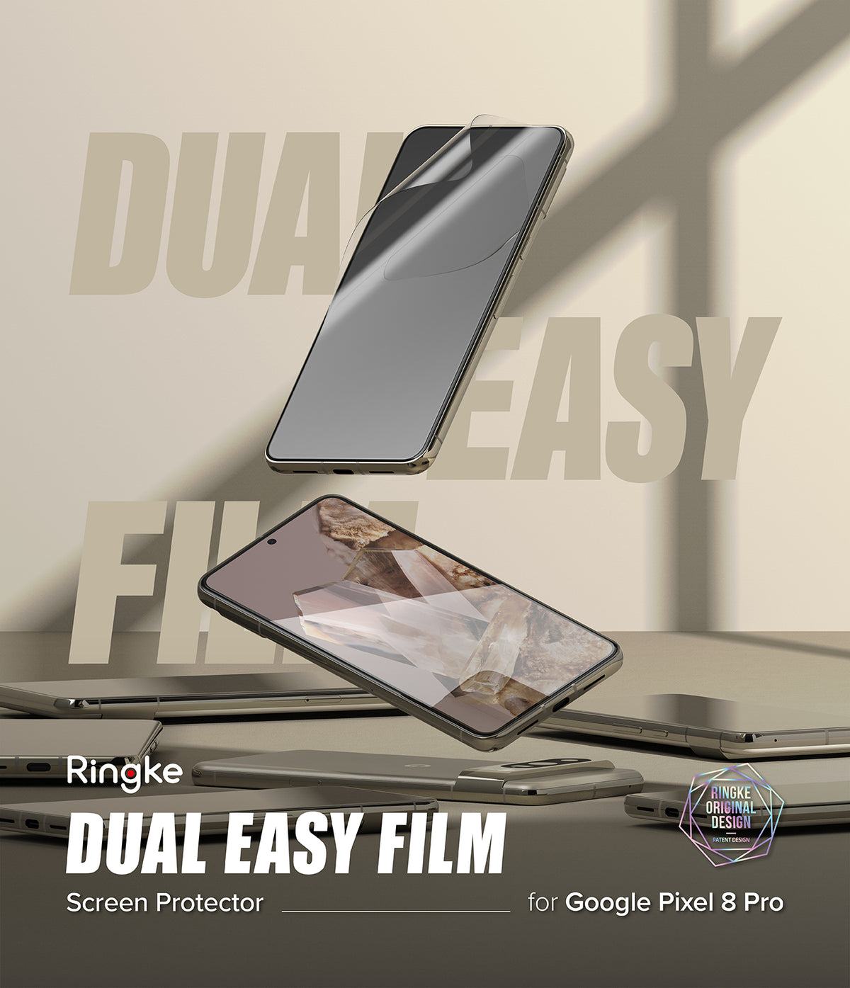 Google Pixel 8 Pro Screen Protector | Dual Easy Film - A screen protector being applied to a smartphone against a beige background.