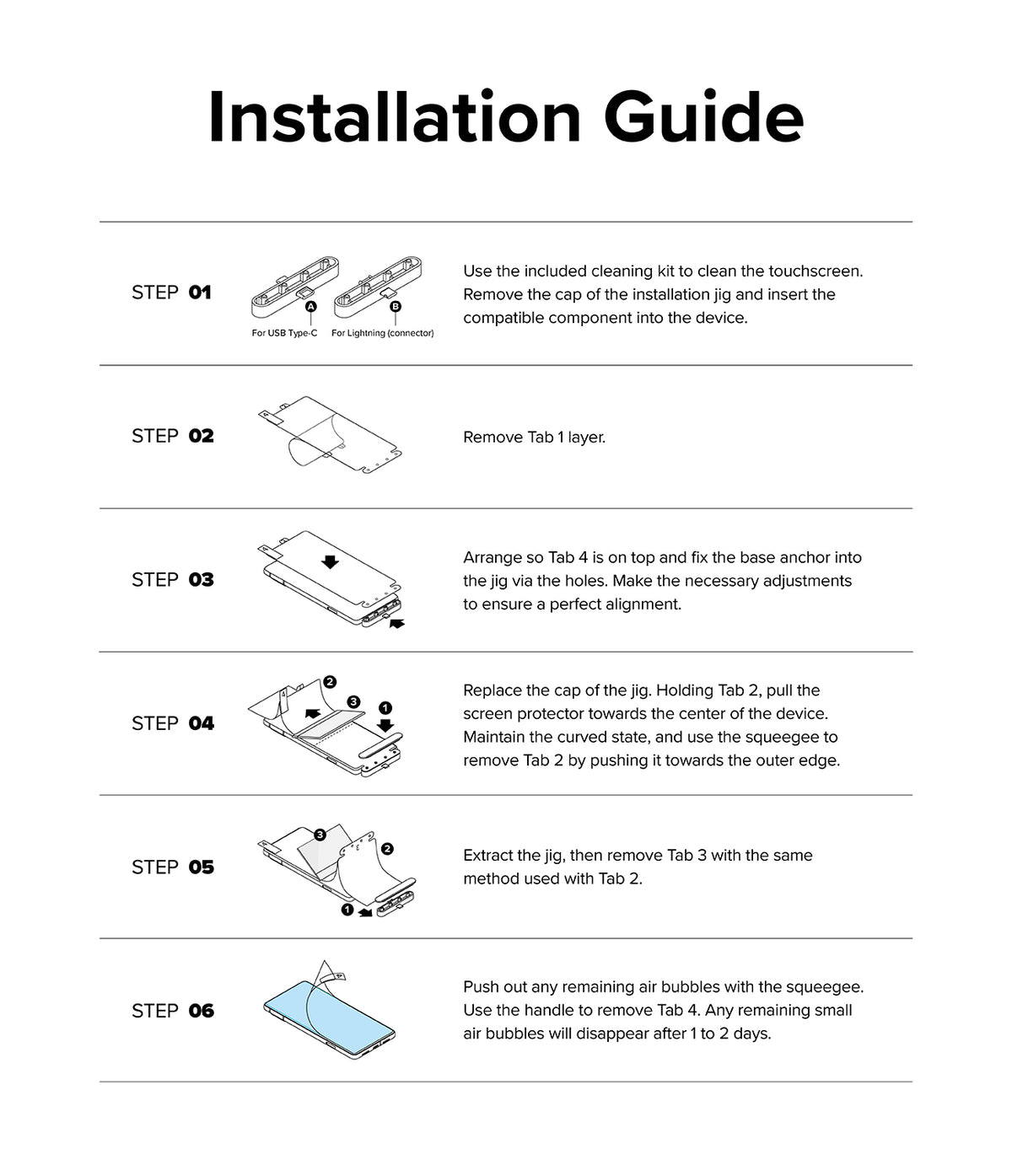 Google Pixel 8 Pro Screen Protector | Dual Easy Film - Six-step illustrated guide for installing a screen protector.