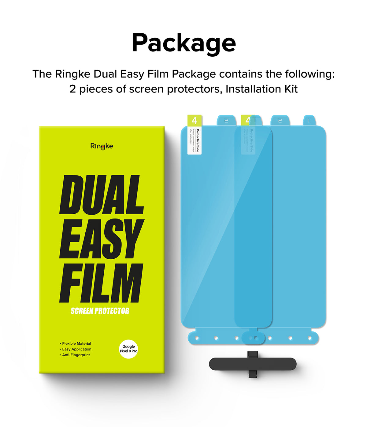 Google Pixel 8 Pro Screen Protector | Dual Easy Film - Bright yellow product box with two blue screen protectors.