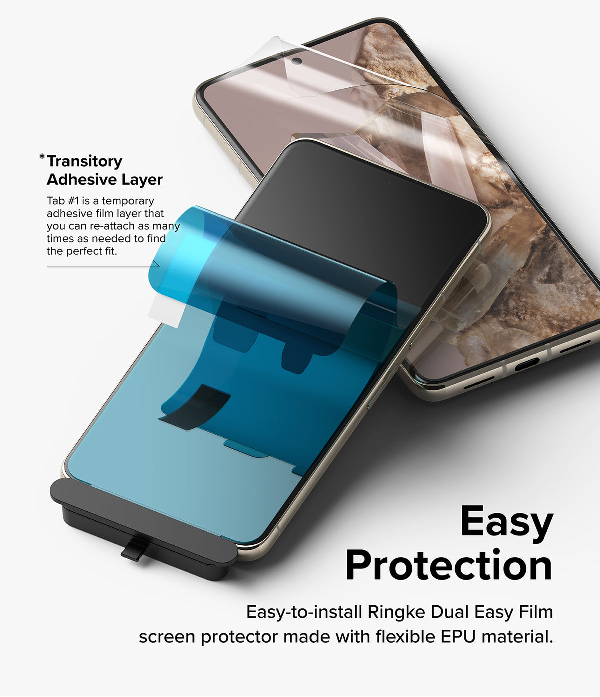 Google Pixel 8 Pro Screen Protector | Dual Easy Film - A blue adhesive film being applied to a smartphone screen.