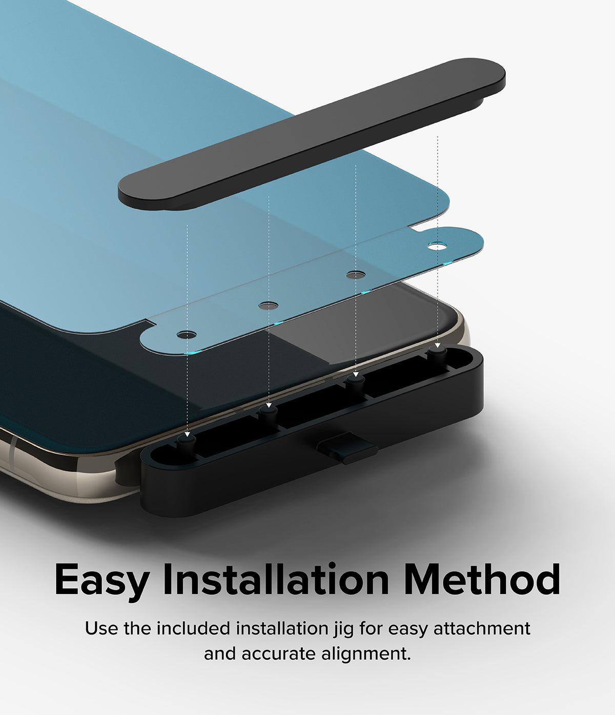Google Pixel 8 Pro Screen Protector | Dual Easy Film - Installation jig aligning a screen protector onto a smartphone.