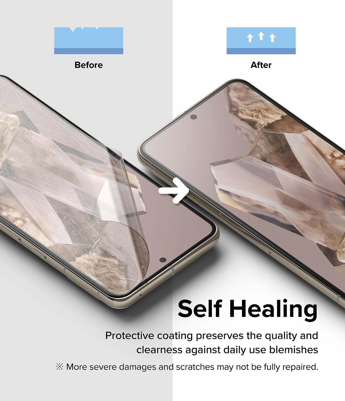 Google Pixel 8 Pro Screen Protector | Dual Easy Film - Comparison showing a scratched screen healing into a smooth surface.