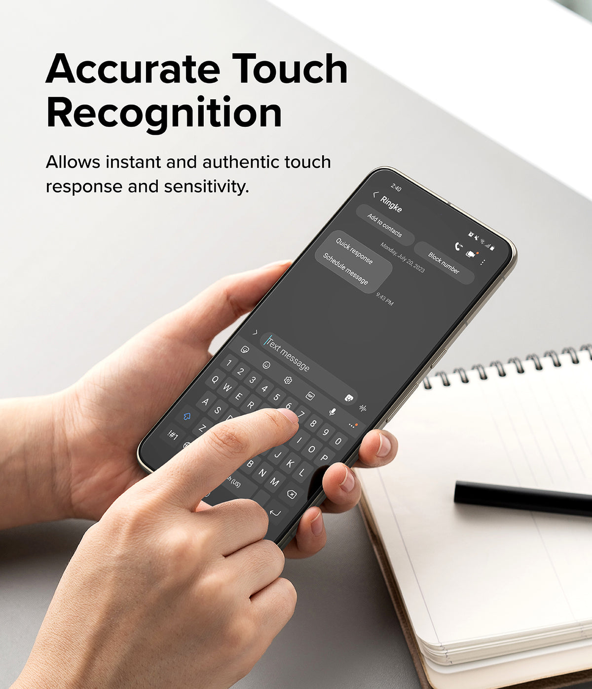 Google Pixel 8 Pro Screen Protector | Dual Easy Film - Google Pixel 8 Pro Screen Protector - Hands typing on a smartphone screen displaying a messaging app interface.