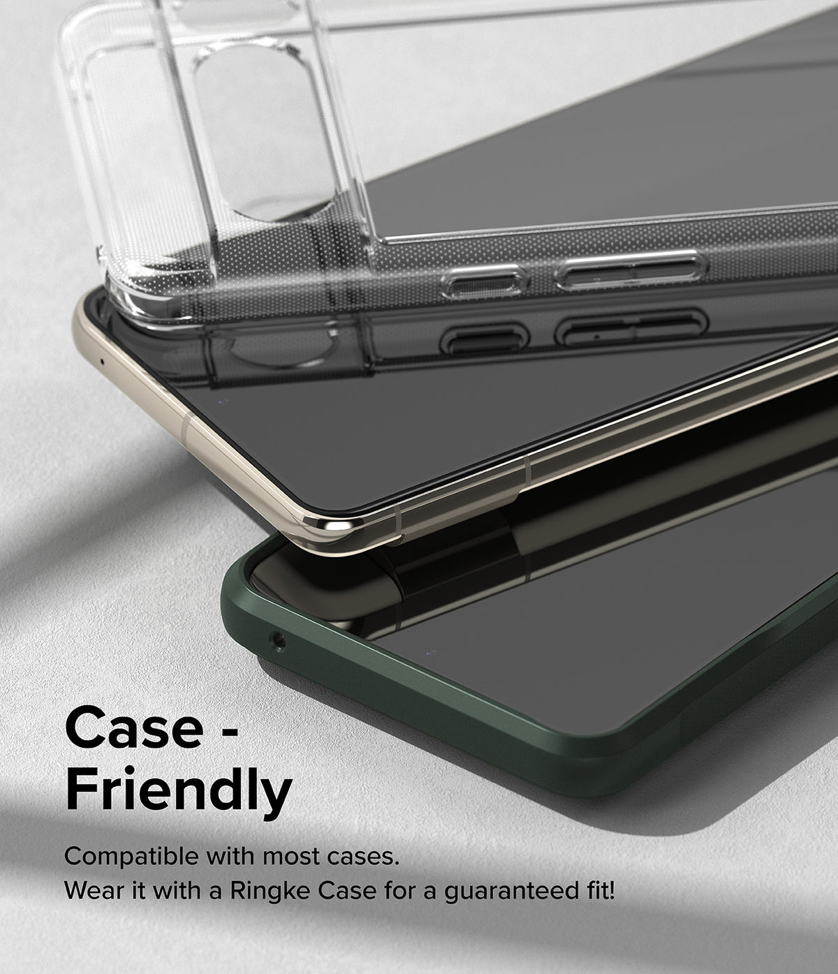 Google Pixel 8 Pro Screen Protector | Dual Easy Film - A clear phone case hovering above a smartphone with a screen protector.