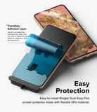 Google Pixel 8 Screen Protector | Dual Easy Film - A blue adhesive installation layer being applied to a smartphone.