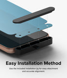 Google Pixel 8 Screen Protector | Dual Easy Film - Exploded view showing screen protector aligning with installation jig.