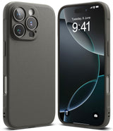 iPhone 16 Pro Max Case | Onyx - Front and back views of a matte charcoal gray phone case on an iPhone 16 Pro Max.