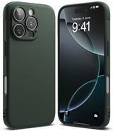iPhone 16 Pro Max Case | Onyx - Dark green textured phone case shown from the back and front with a digital clock display.