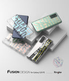 Galaxy S20 FE Case | Fusion Design - Three clear phone cases with graphic prints displayed on white geometric blocks.