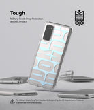 Galaxy S20 FE Case | Fusion Design - Clear phone case with light blue lettering, highlighting military-grade drop protection.
