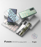 Galaxy S20 FE Case | Fusion Design - Three clear phone cases with graphic prints arranged on white geometric blocks.