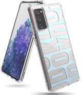 Galaxy S20 FE Case | Fusion Design - Clear phone case with light blue and white geometric text pattern on the back.
