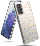 Galaxy S20 FE Case | Fusion Design - Clear phone case with large beige typography on back, displaying phone screen.