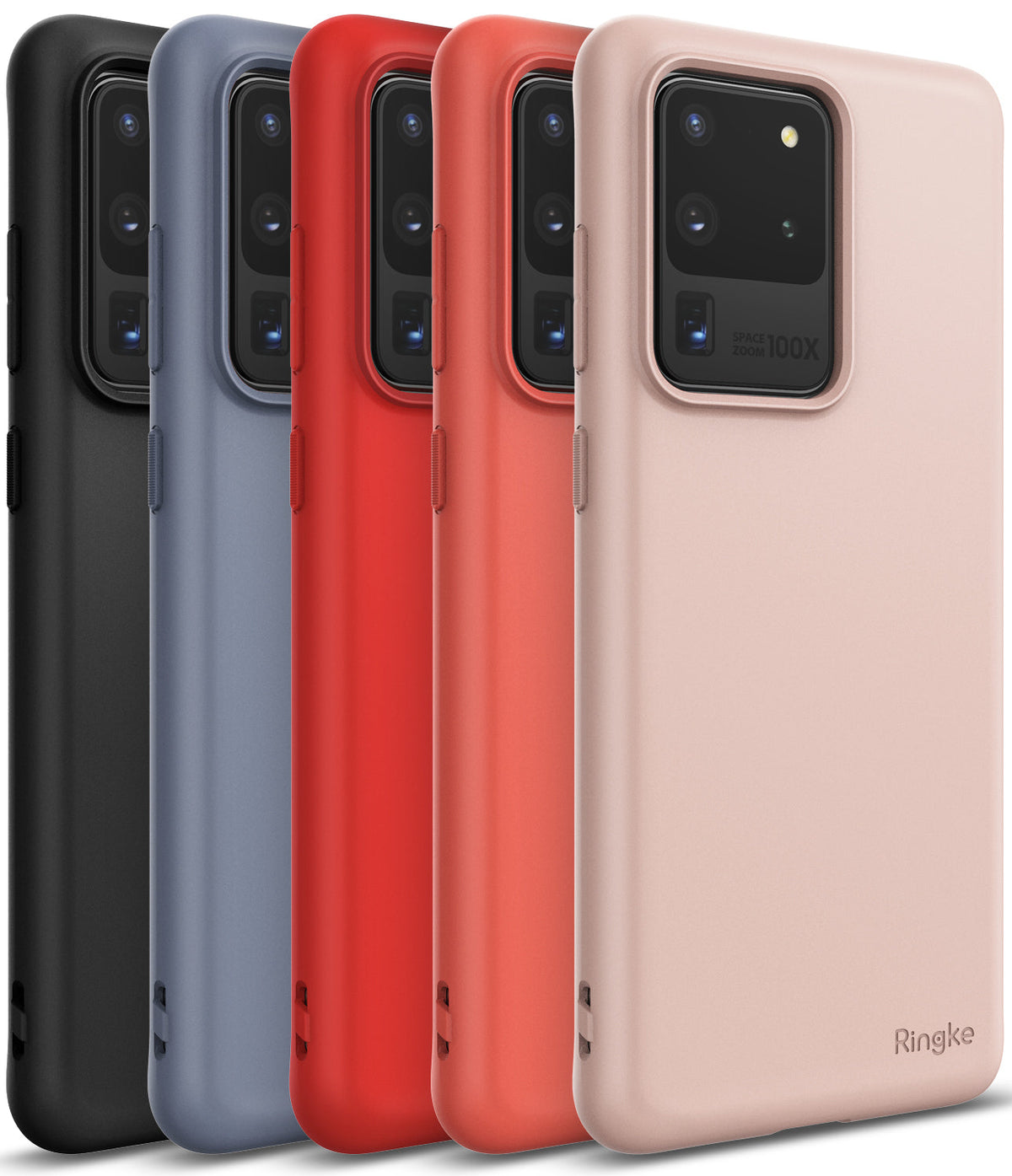 Galaxy S20 Ultra Case | Air-S - Five Galaxy S20 Ultra cases in black, blue, red, orange, and pink lined up side-by-side.