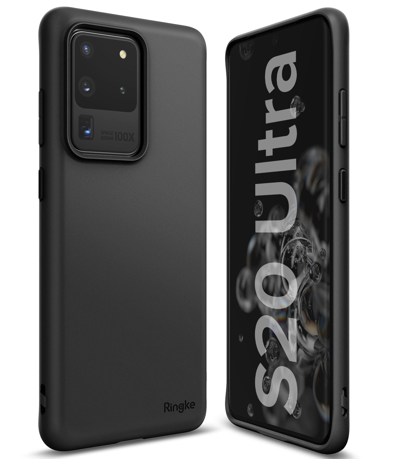 Galaxy S20 Ultra Case | Air-S - Matte black phone case shown from back and front angles on a Galaxy S20 Ultra.