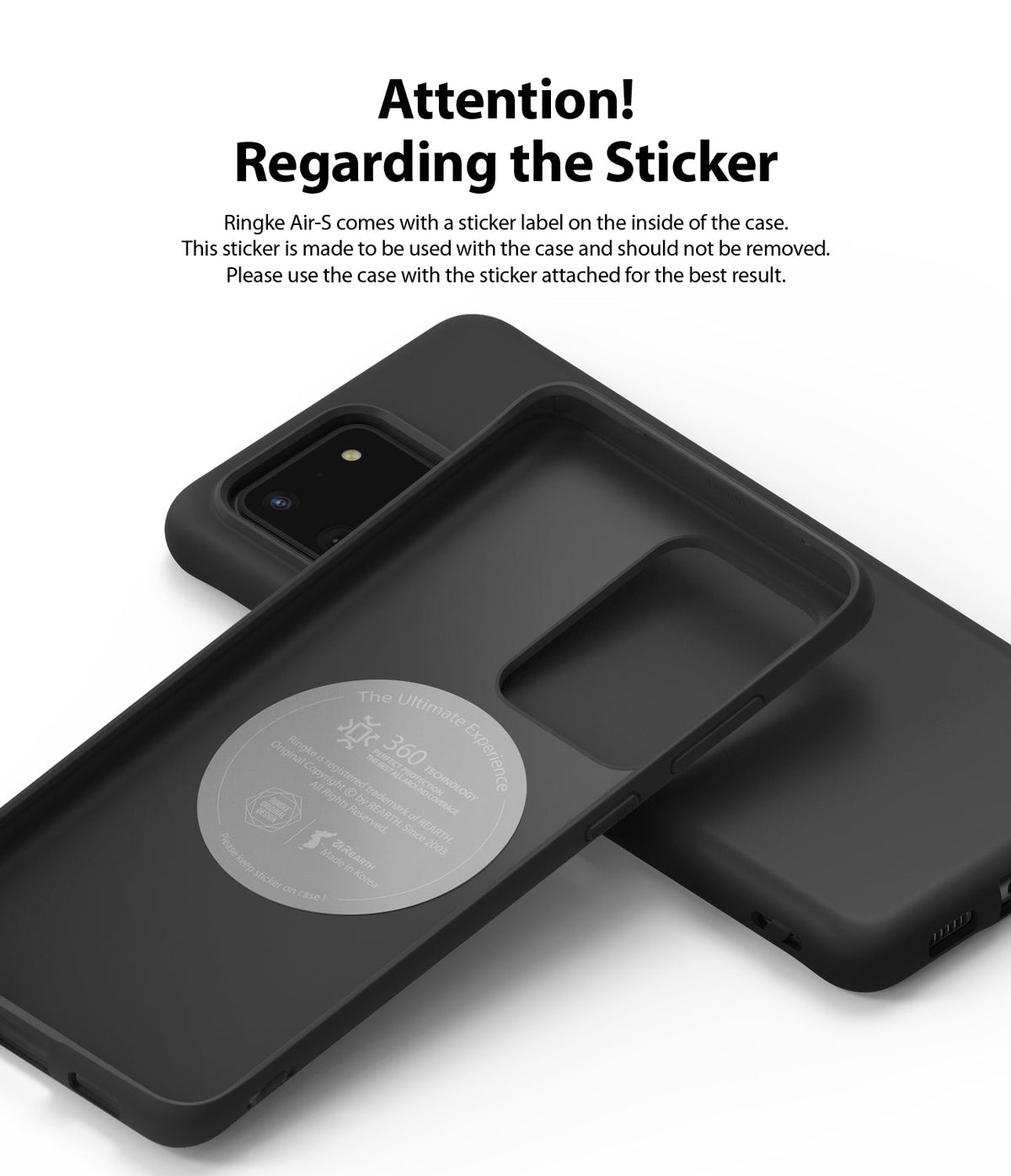 Galaxy S20 Ultra Case | Air-S - Black phone case interior showing a circular instructional sticker that should not be removed.