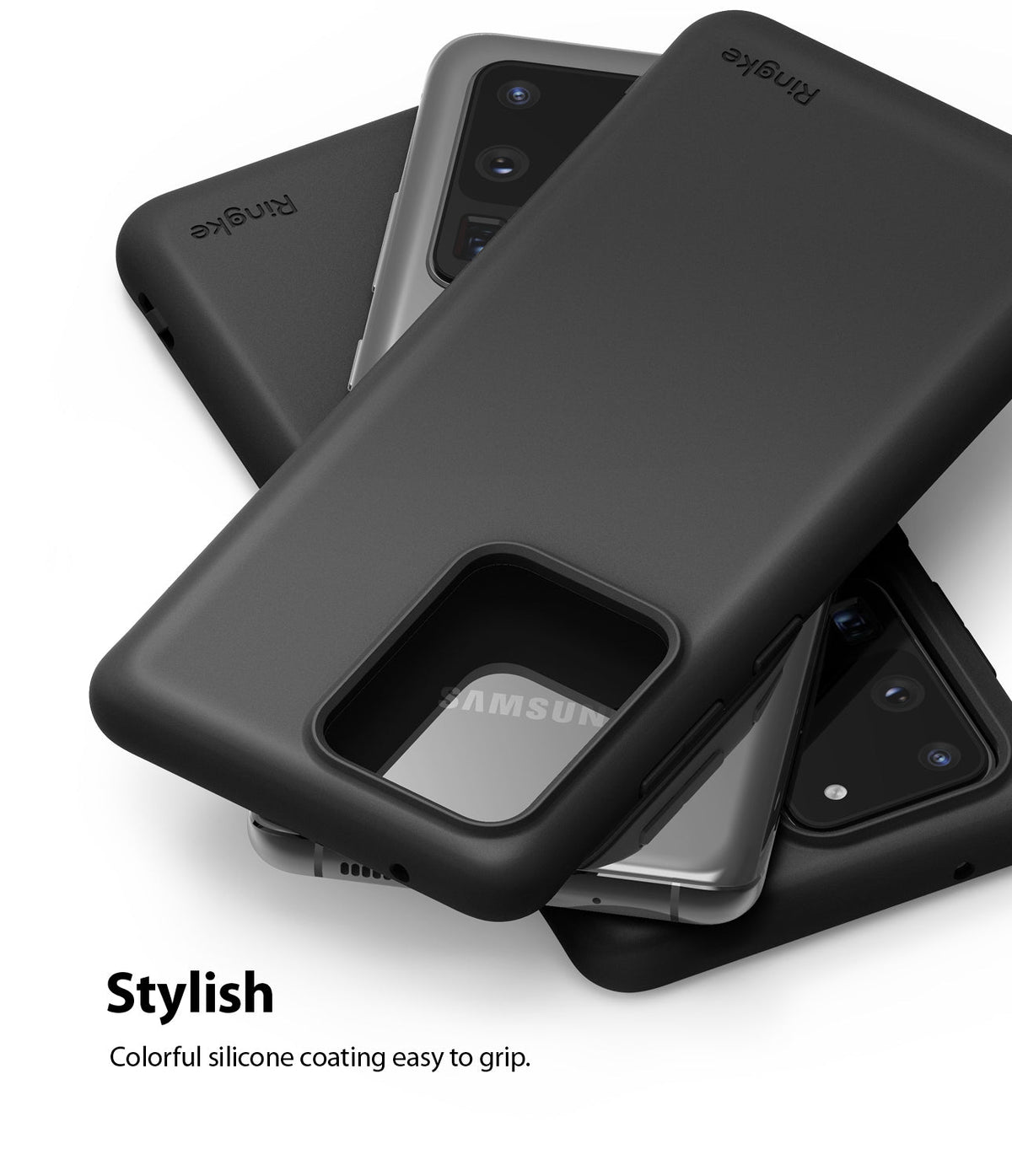 Galaxy S20 Ultra Case | Air-S - Stack of matte black Ringke phone cases on silver Galaxy S20 Ultra smartphones.
