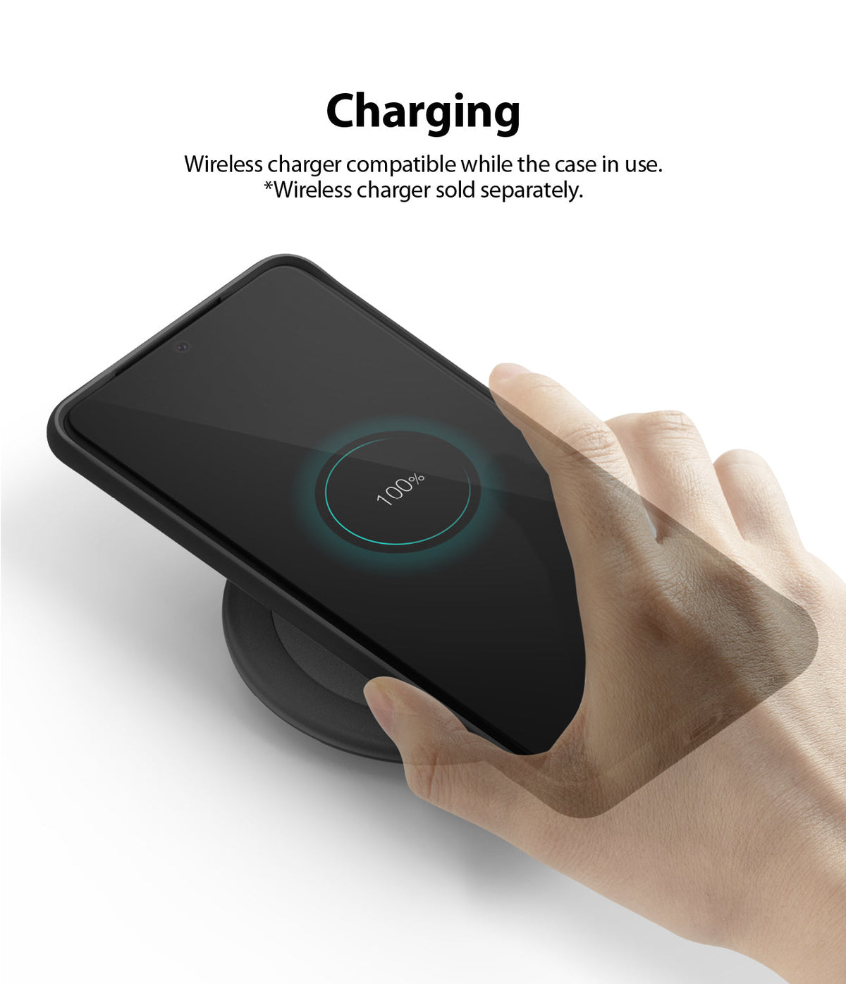 Galaxy S20 Ultra Case | Air-S - Hand placing a phone in a black case onto a wireless charger showing 100% battery.