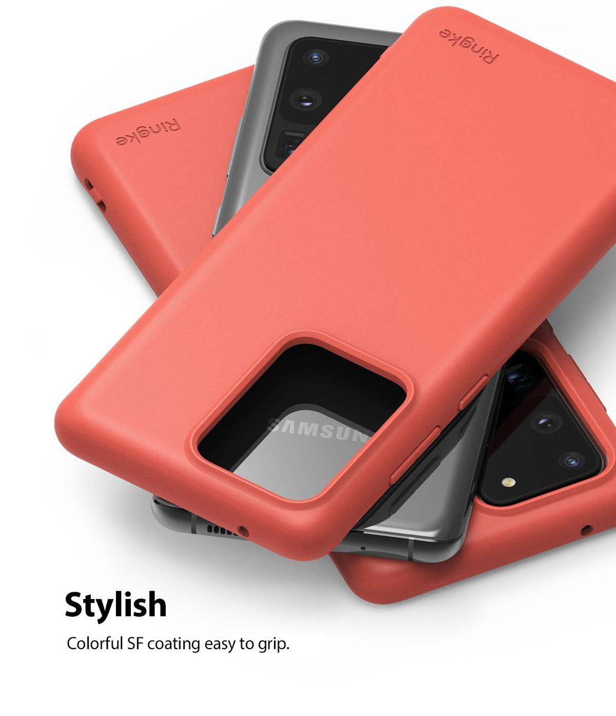 Galaxy S20 Ultra Case | Air-S - Three coral-colored Ringke phone cases stacked over grey Samsung Galaxy S20 Ultra phones.