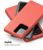Galaxy S20 Ultra Case | Air-S - Three coral-colored Ringke phone cases stacked over grey Samsung Galaxy S20 Ultra phones.