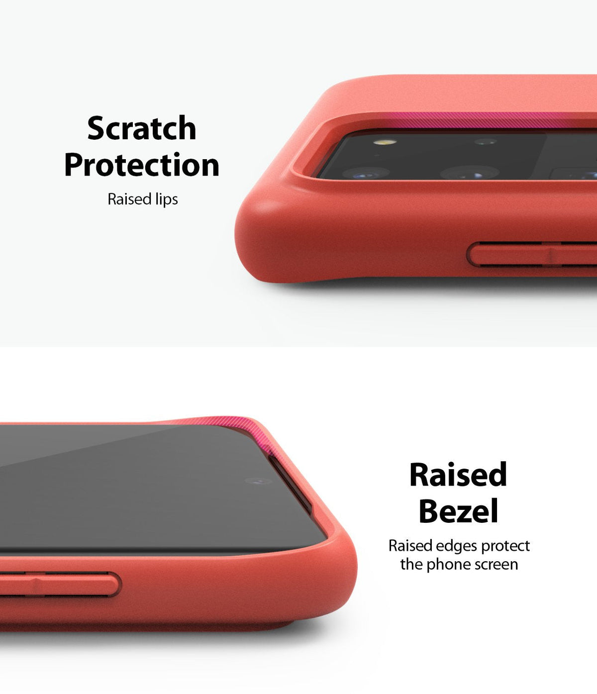 Galaxy S20 Ultra Case | Air-S - Close-up of a red phone case showing raised lips for camera and screen protection.