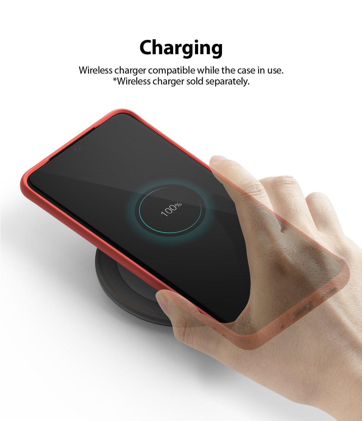 Galaxy S20 Ultra Case | Air-S - Hand holding a phone in a red case on a wireless charger showing 100% battery status.