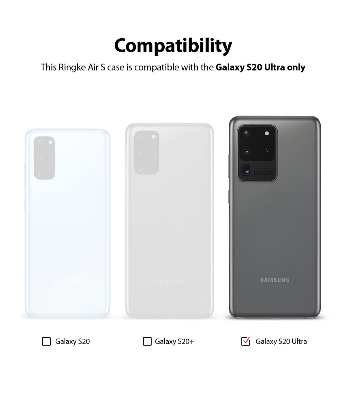 Galaxy S20 Ultra Case | Air-S - Comparison chart showing Galaxy S20, S20+, and S20 Ultra with a checkmark for S20 Ultra.