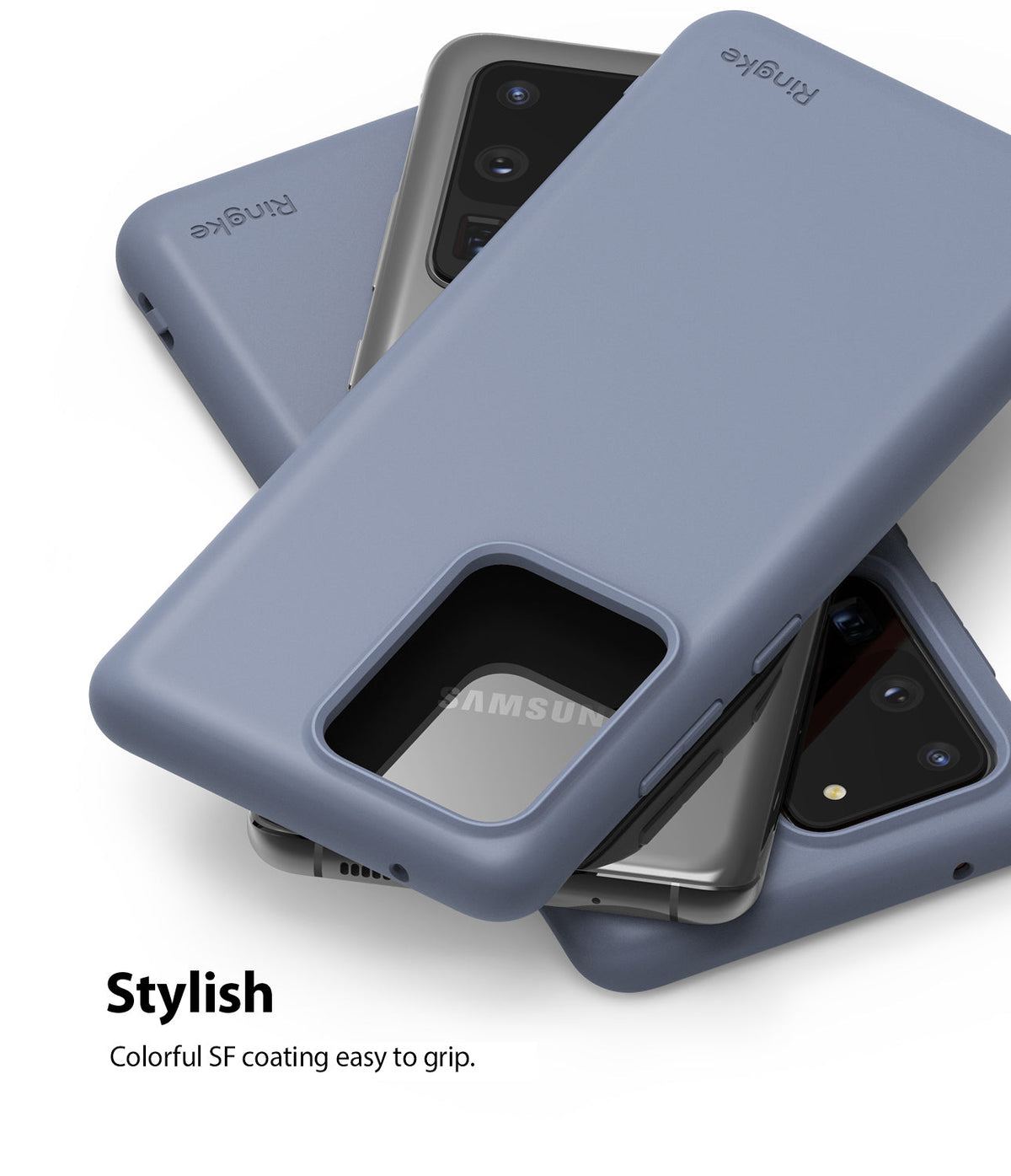 Galaxy S20 Ultra Case | Air-S - Three blue Ringke phone cases stacked, showing camera cutouts and smooth matte finish.