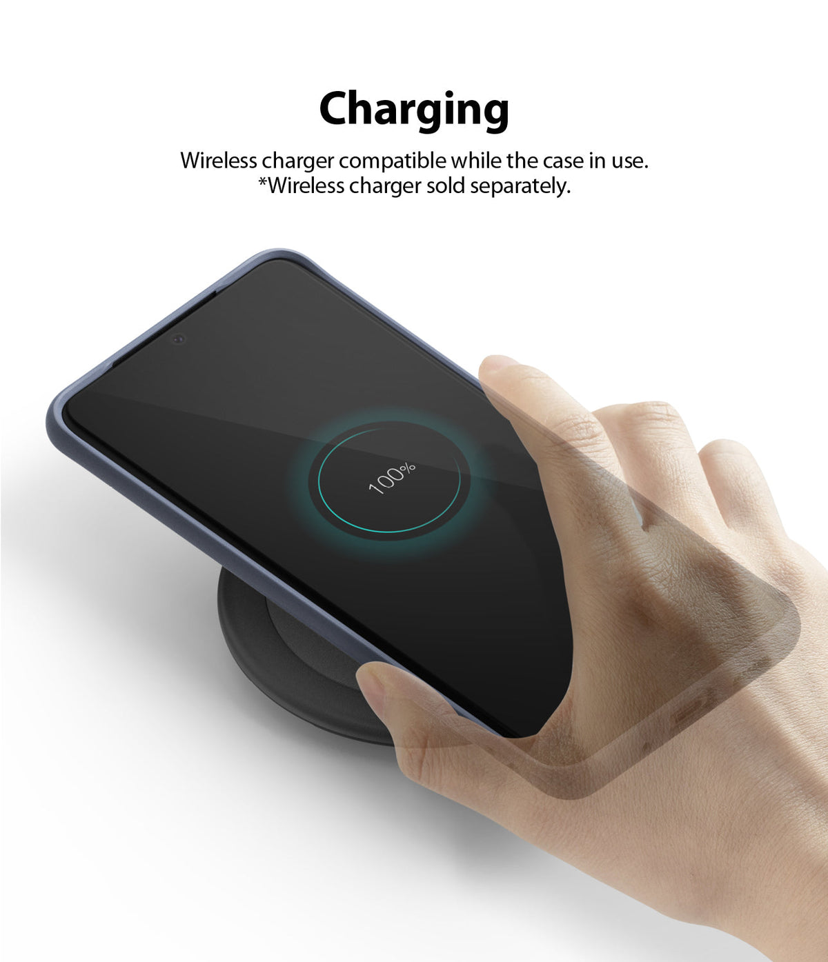 Galaxy S20 Ultra Case | Air-S - A hand places a phone in a case onto a wireless charging pad, showing a 100% charge icon.