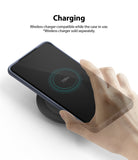 Galaxy S20 Ultra Case | Air-S - A hand places a phone in a case onto a wireless charging pad, showing a 100% charge icon.