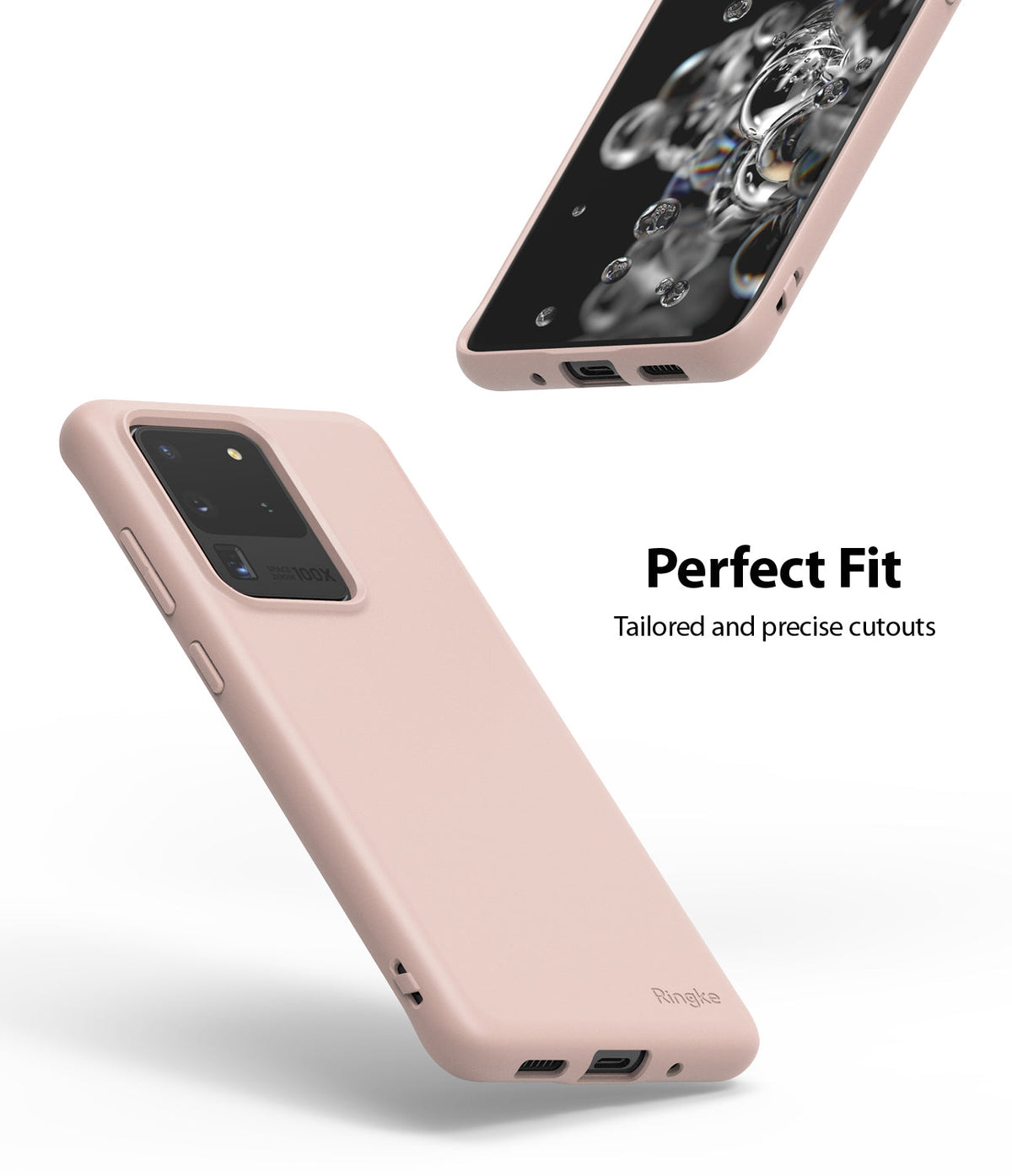 Galaxy S20 Ultra Case | Air-S - Two views of a light pink phone case showing precise cutouts and a slim, matte finish.