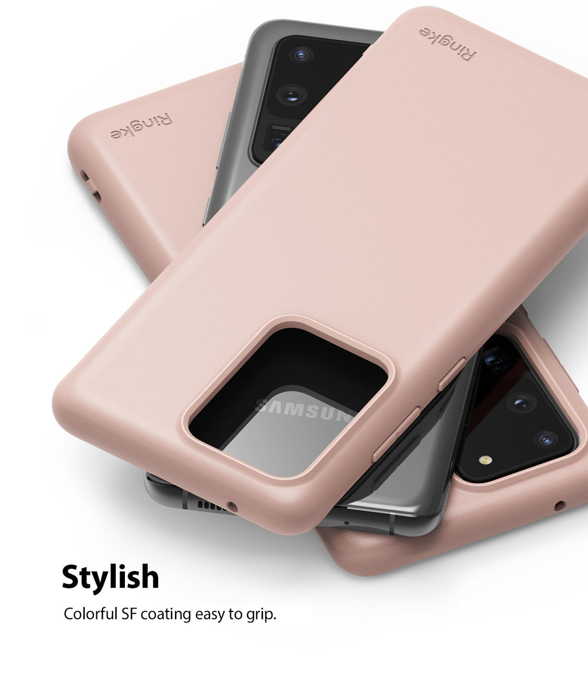 Galaxy S20 Ultra Case | Air-S - Three matte pink Ringke phone cases stacked over dark grey Samsung Galaxy S20 Ultra phones.