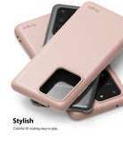 Galaxy S20 Ultra Case | Air-S - Three matte pink Ringke phone cases stacked over dark grey Samsung Galaxy S20 Ultra phones.