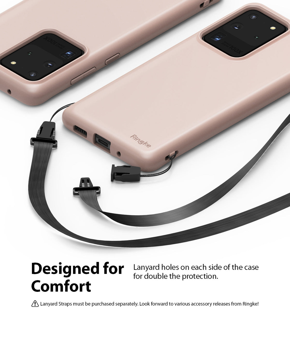 Galaxy S20 Ultra Case | Air-S - Matte pink phone case with detachable black lanyard straps and dual side attachment holes.
