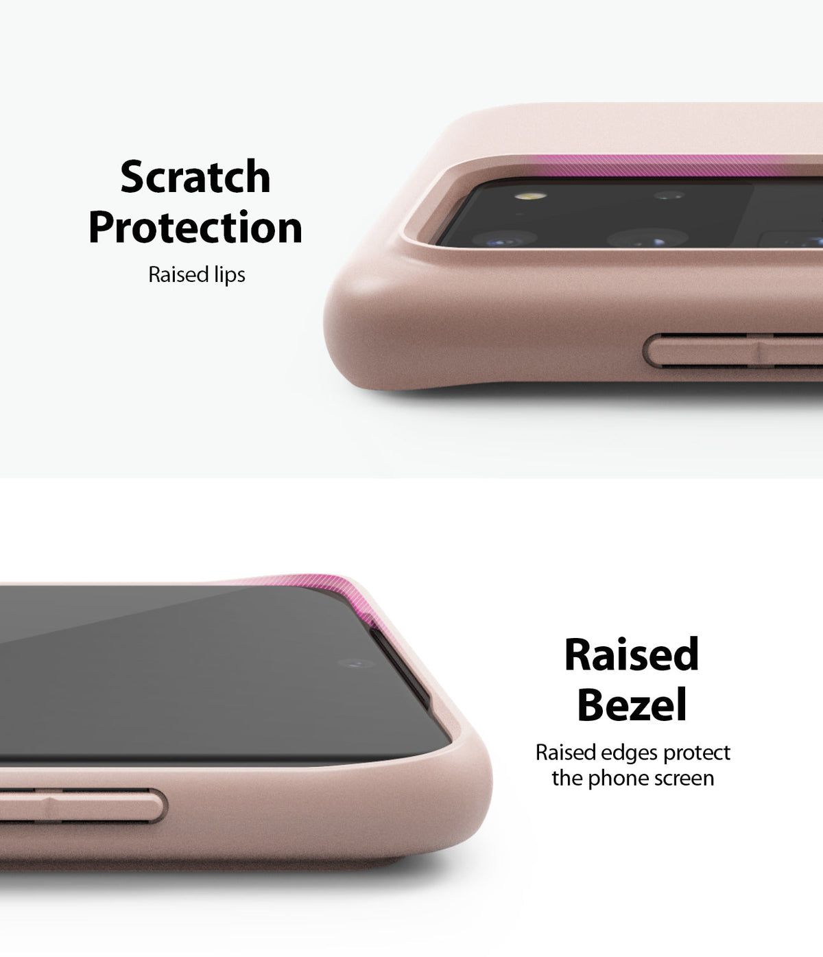 Galaxy S20 Ultra Case | Air-S - Close-up of pink phone case showing raised edges protecting the camera lens and screen.
